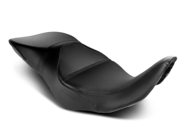 Sargent Cycle Products' REVolution OEM Motorcycle Seat Upgrade for the Suzuki V-Strom 800 2023+ shown with CFX, all black, regular height.